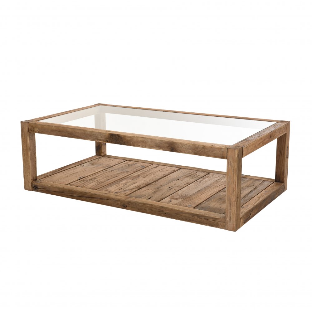 Table Basse  SANDY Scandinave plateau en verre et bois Pin recyclé